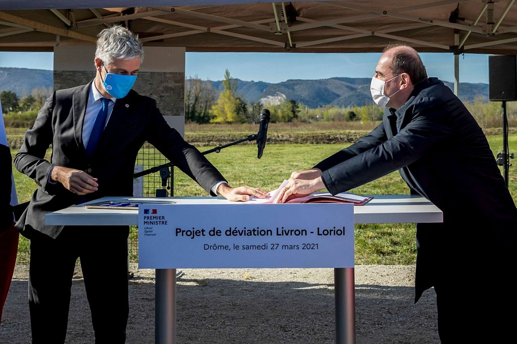 Déplacement de Monsieur le Premier ministre, Jean Castex dans le département de la Drôme pour le projet de déviation des communes de Livron - Loriol à Loriol dans la Drôme le Samedi 27 mars 2021.